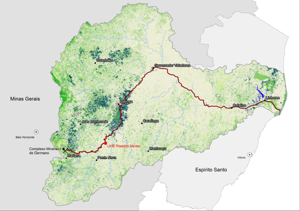 Trajetória da lama de rejeitos nos municípios do Estado de Minas Gerais e Espírito Santo -  Fonte: FEAM.